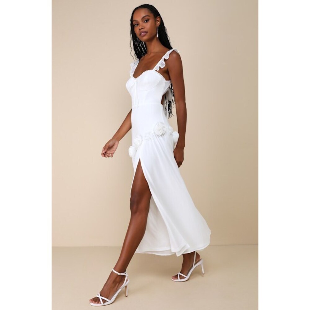 Lulus Romantic Attitude White Chiffon Rosette Drop Waist Maxi Dress - Size M